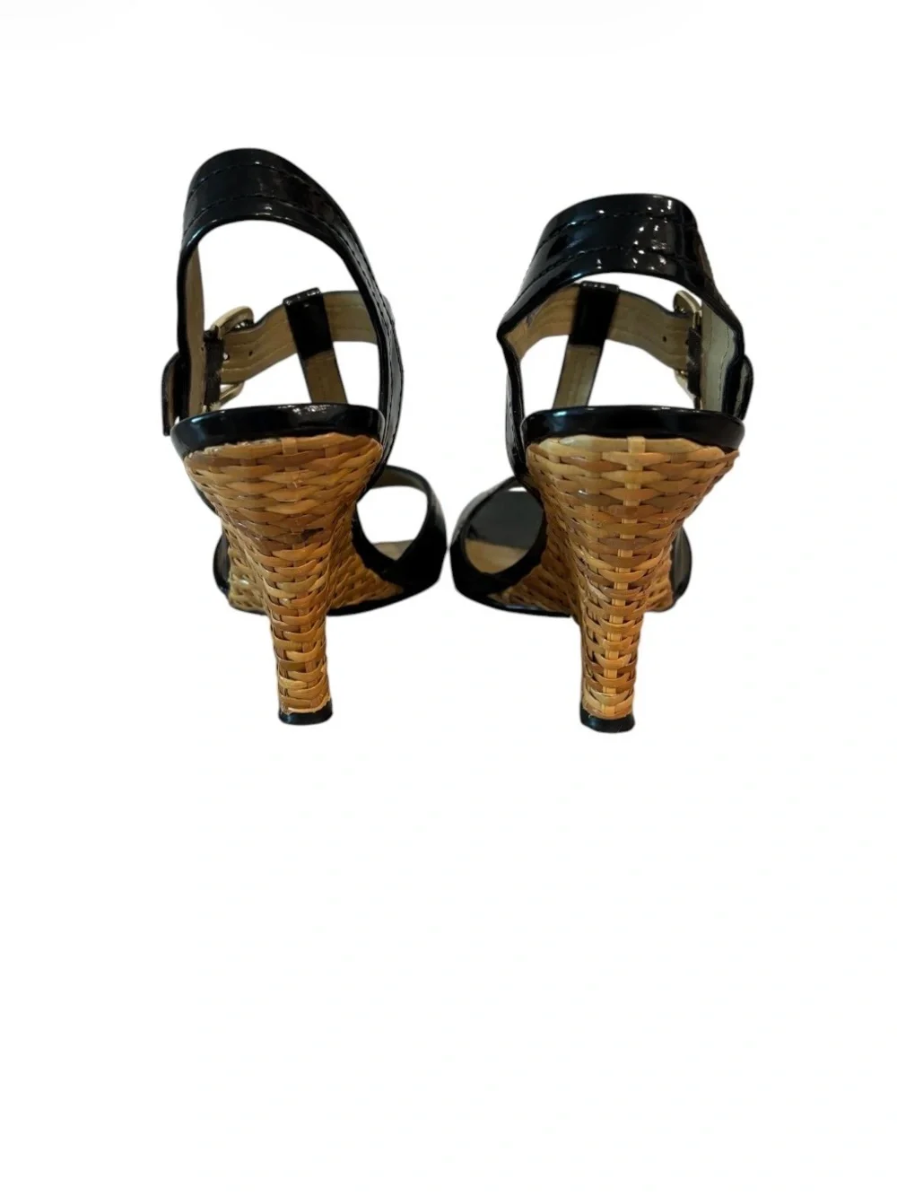 Nickels Black Patent T-Strap Woven Wedge Sandals Sz 6
